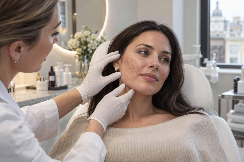 Woman receiving an acne scarring skin consultation to improve uneven texture and support collagen renewal at a London aesthetic clinic
