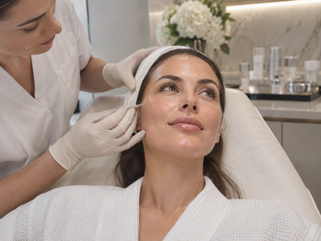 Woman receiving a babyGlow Teoxane skin booster treatment for hydrated and radiant skin at a London aesthetic clinic