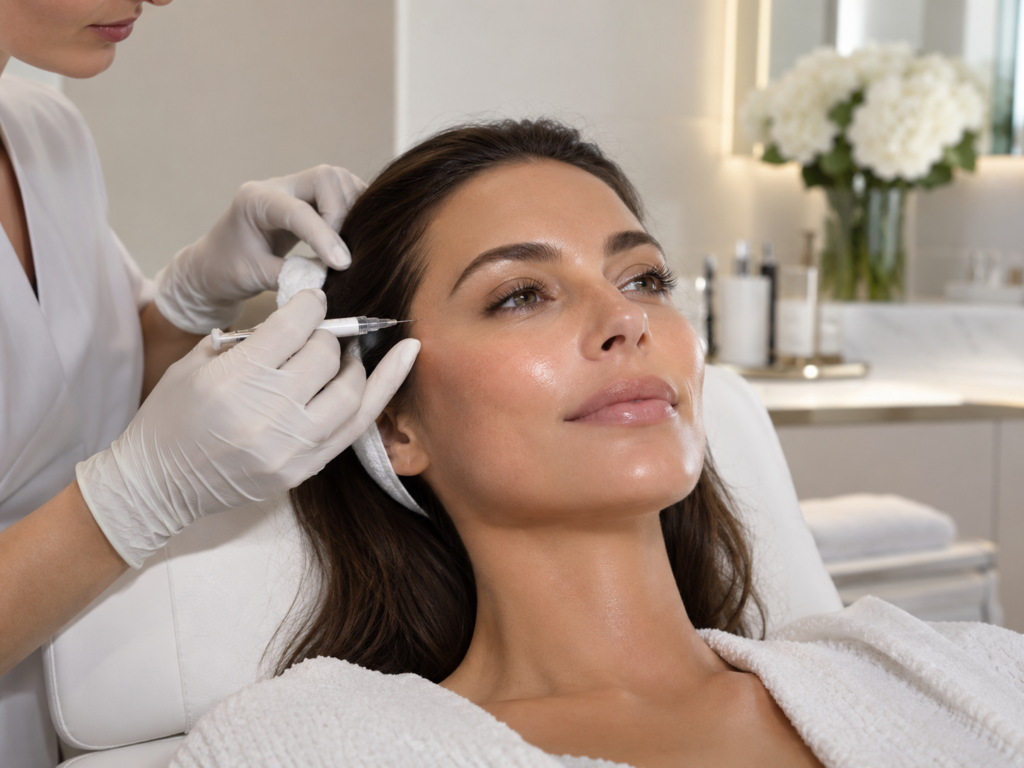 Woman receiving babyGlow Teoxane mesotherapy treatment for glowing hydrated skin at a South Kensington aesthetic clinic