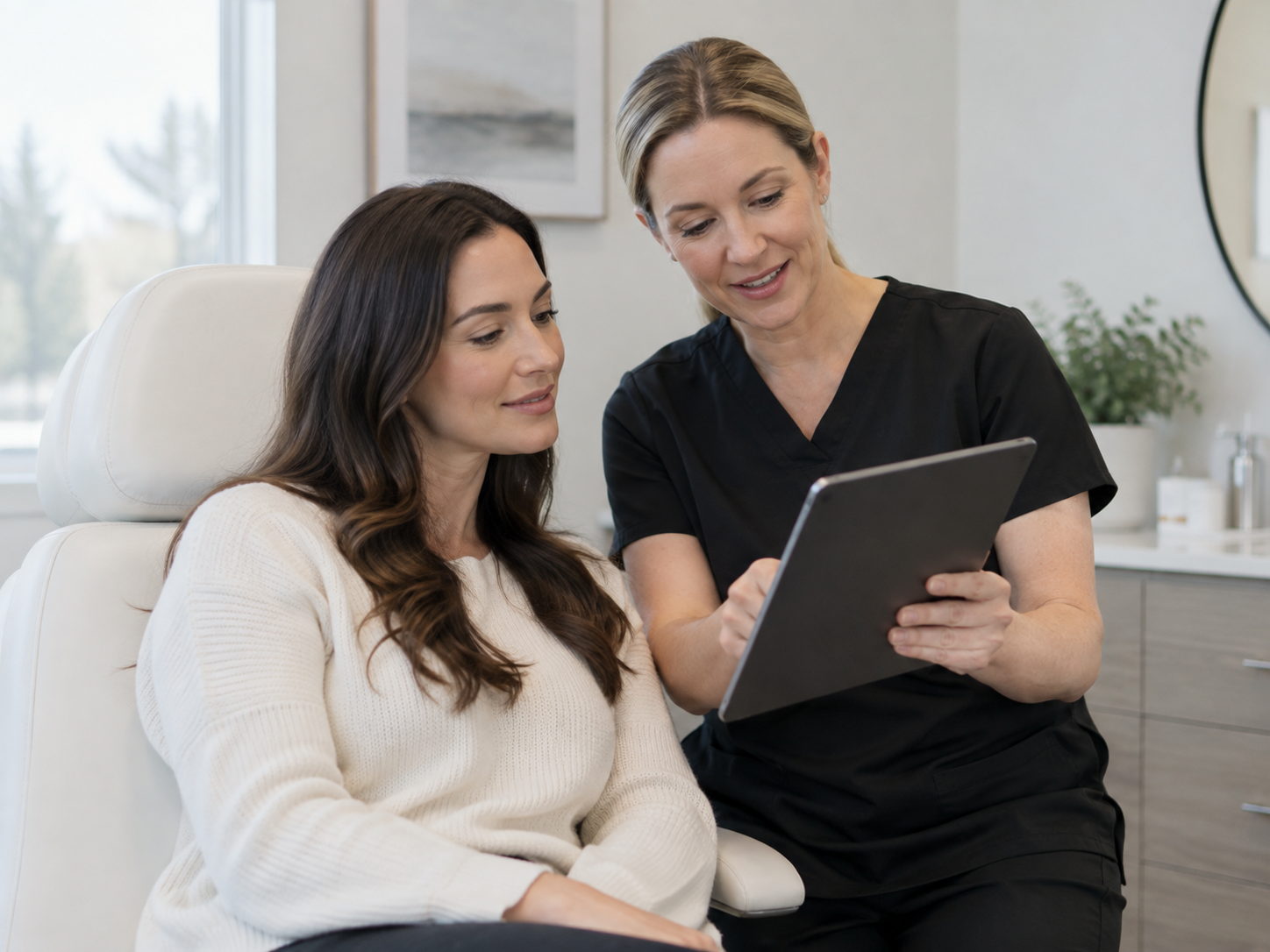 Practitioner discussing Botox and filler treatment options with a female client during a cosmetic consultation