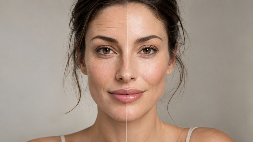 Split portrait of a woman showing smoother forehead on one side and fuller lifted cheek volume on the other