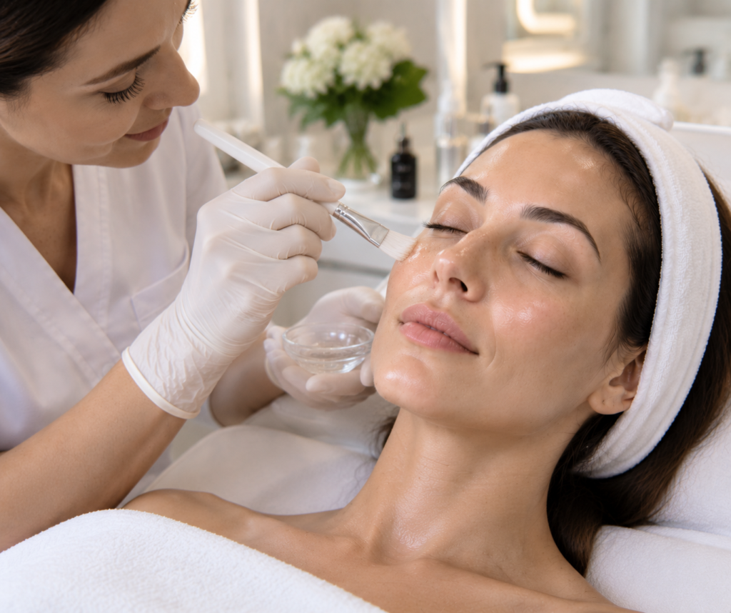 Woman receiving a brightening facial treatment to improve uneven skin tone and restore a radiant complexion at a London aesthetic clinic