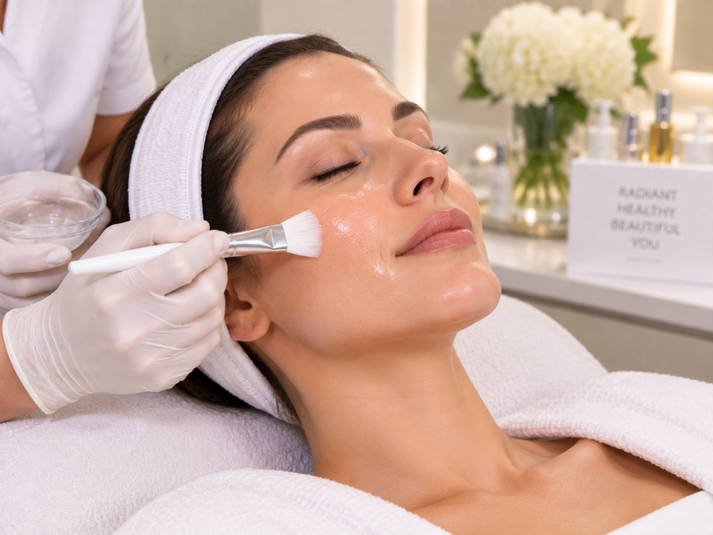 Woman receiving a brightening facial treatment for glowing skin and even tone at a luxury aesthetic clinic in South Kensington