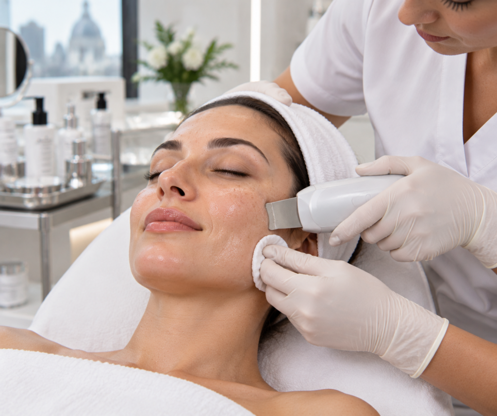 Woman receiving a congested and textured skin treatment to remove excess oil and refine rough skin texture at a London aesthetic clinic