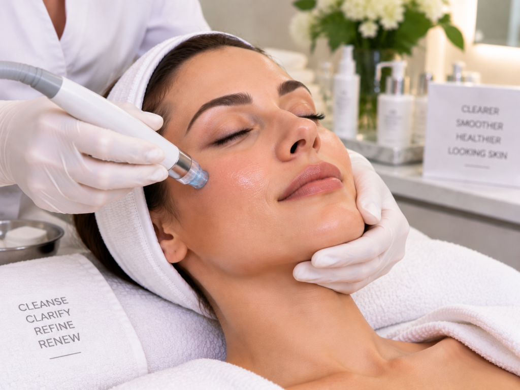 Woman receiving congested and textured skin treatment at a luxury aesthetic clinic in South Kensington