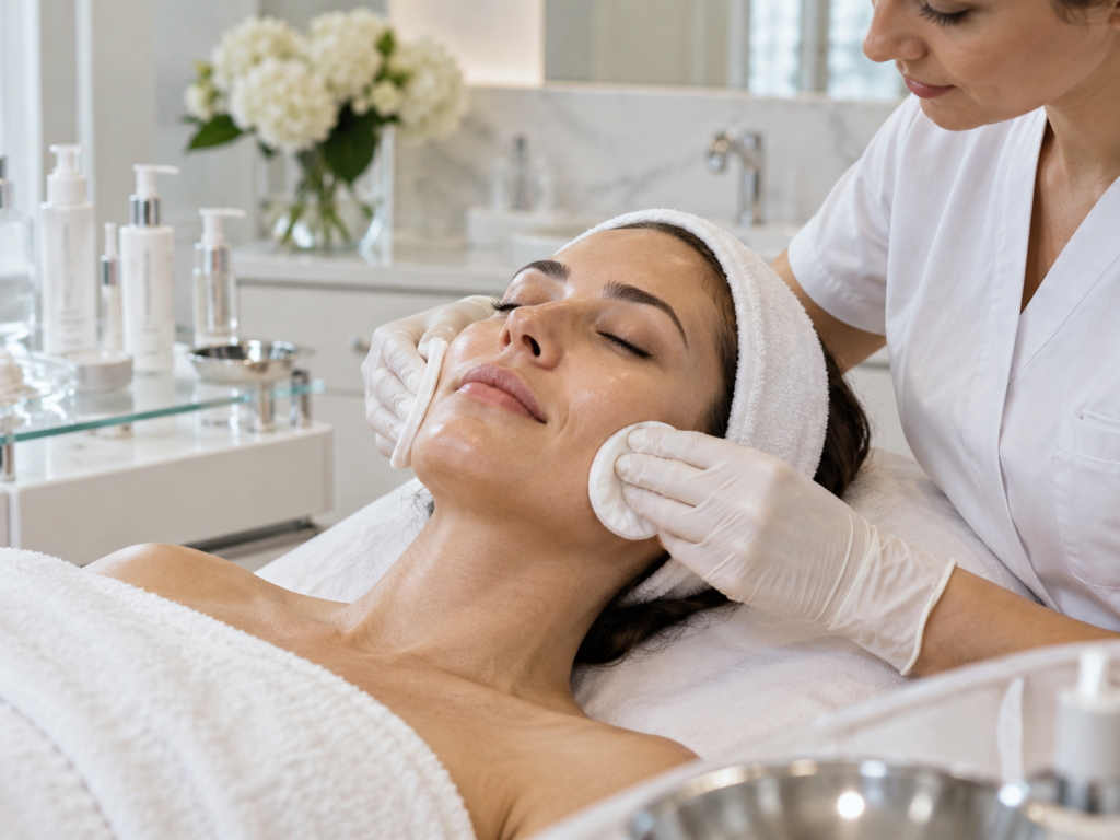 Woman receiving a deep cleansing facial treatment to remove impurities and refresh the skin at a London aesthetic clinic