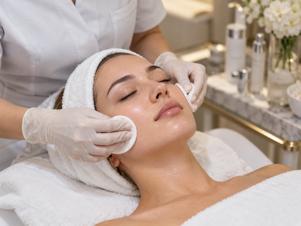 Woman receiving a deep cleansing facial treatment at a luxury aesthetic clinic in South Kensington