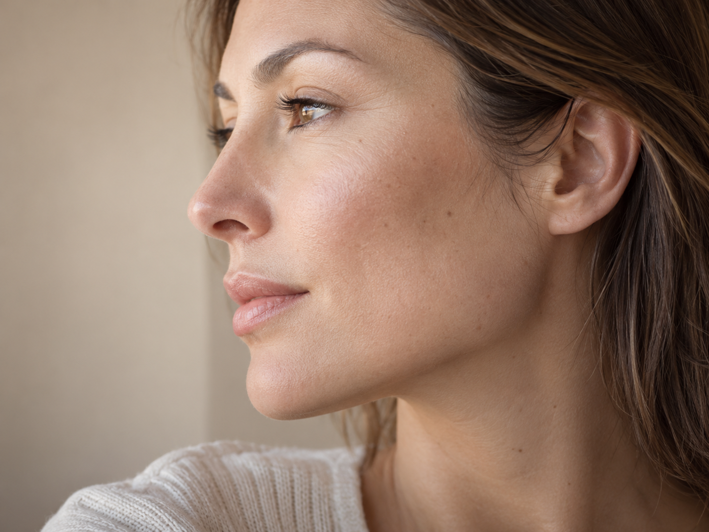 Side-profile view of a woman with smooth cheek and jawline contours showing natural-looking dermal filler results in London
