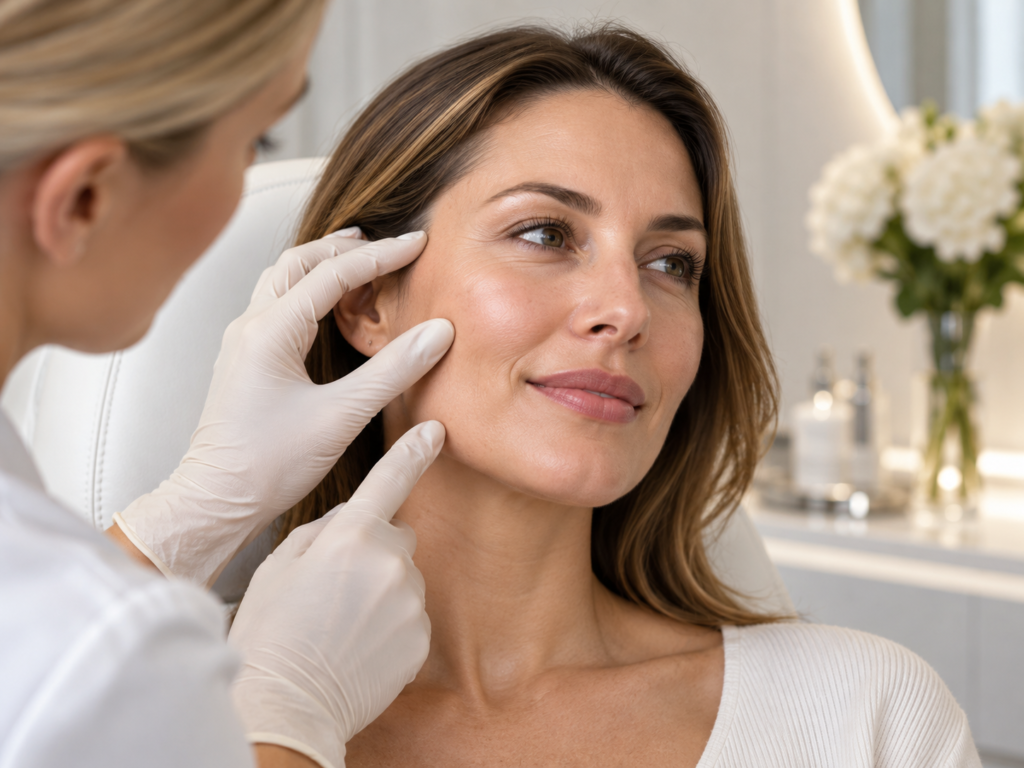 Woman receiving a dermal filler consultation for cheek volume restoration with Juvederm at a London aesthetic clinic