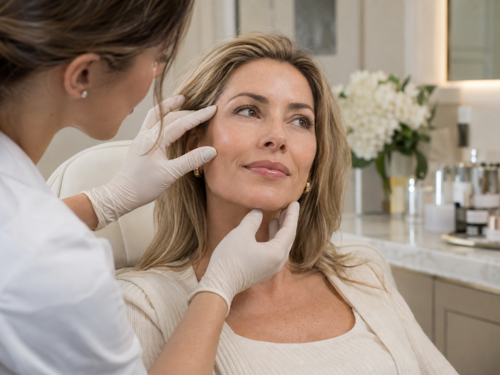 Woman receiving a dermal fillers Juvederm consultation to restore facial volume and soften static lines at a London aesthetic clinic