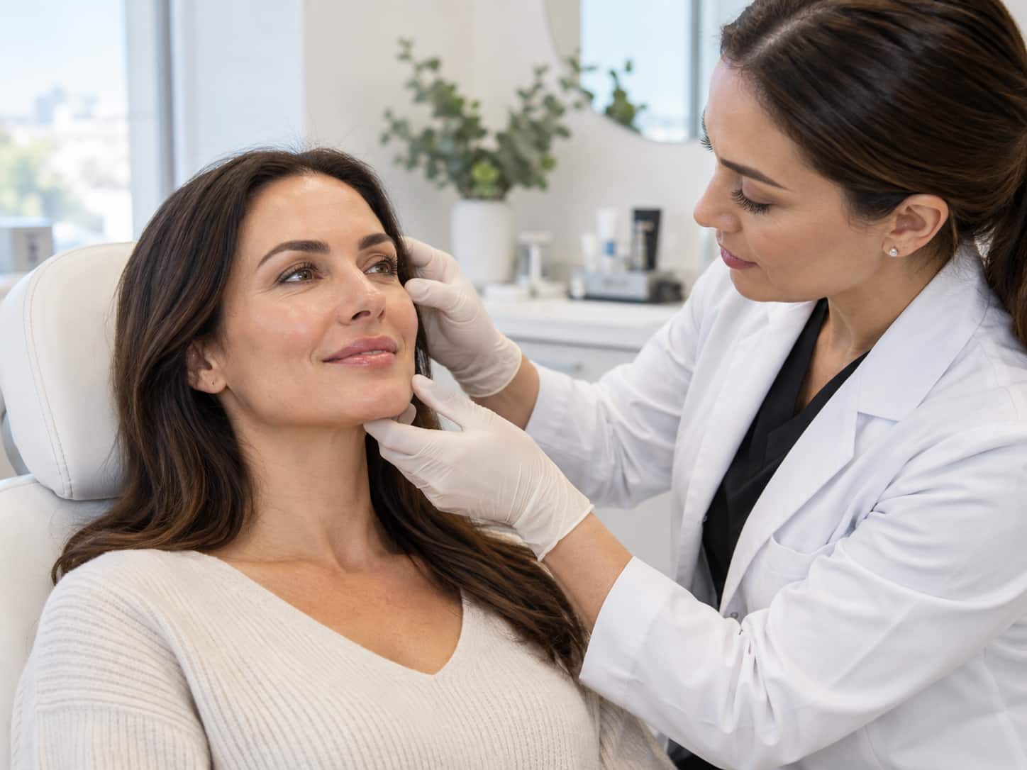 Practitioner examining a client’s cheek during a follow-up consultation after dermal filler treatment