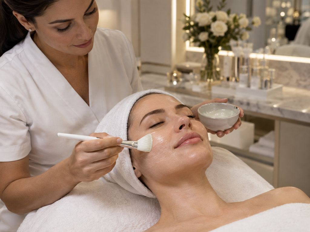 Woman receiving a brightening facial treatment for dullness and uneven skin tone at a luxury aesthetic clinic in South Kensington