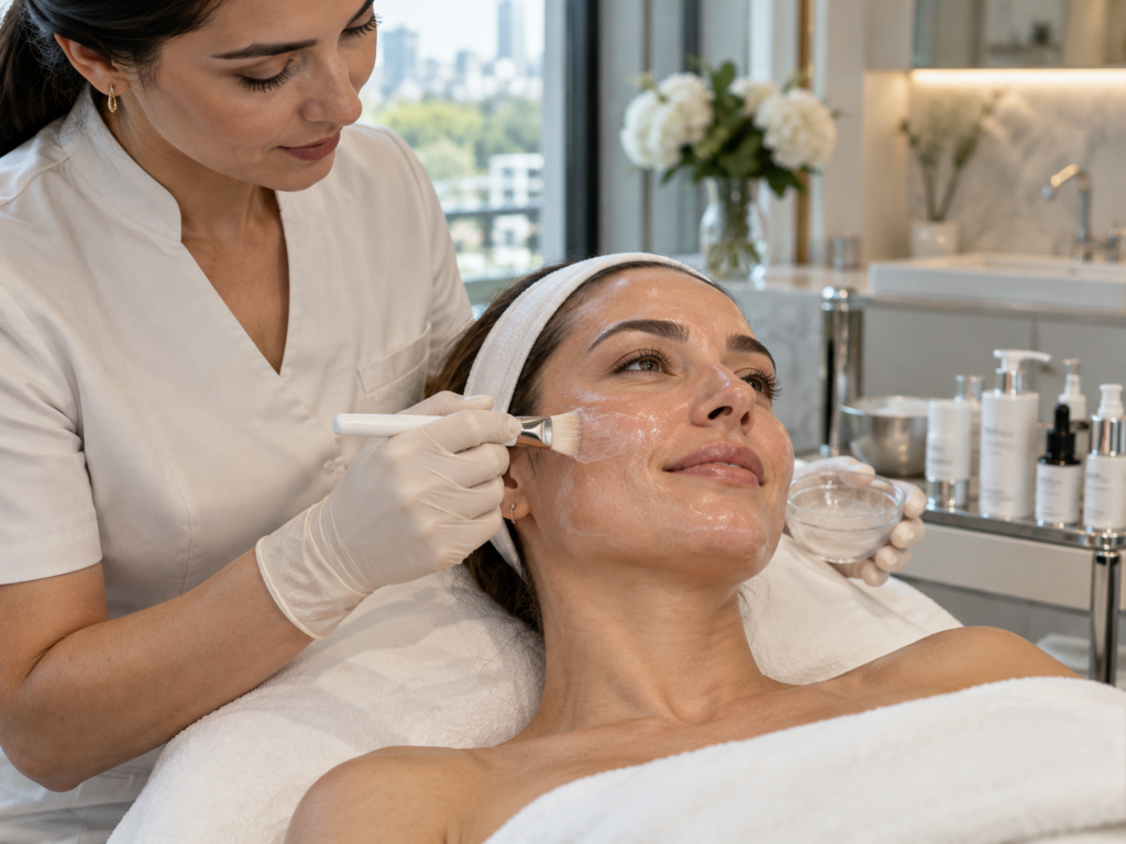 Woman receiving a dullness and uneven tone facial treatment to reveal brighter and more even-looking skin at a London aesthetic clinic