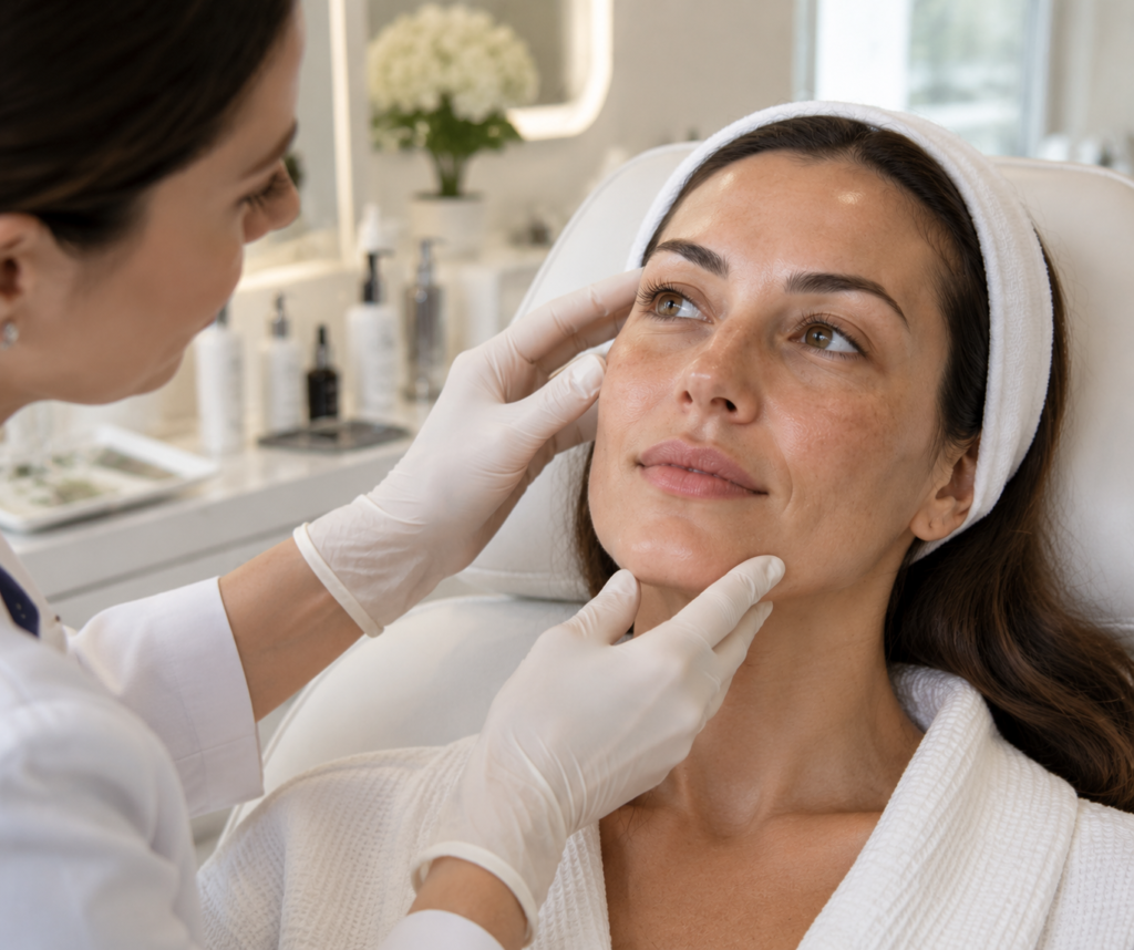 Woman receiving a dullness and uneven skin tone consultation to improve complexion brightness and skin radiance at a London aesthetic clinic