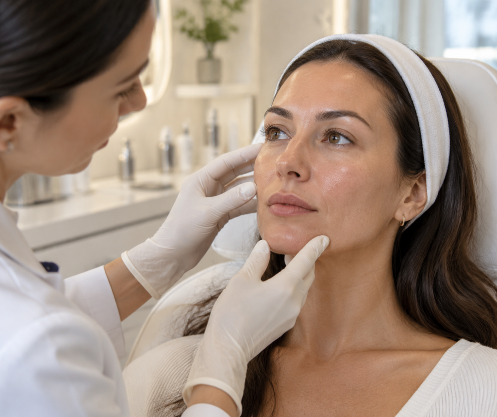 Woman receiving an enlarged pores skin consultation to improve facial texture, tone and pore appearance at a London aesthetic clinic