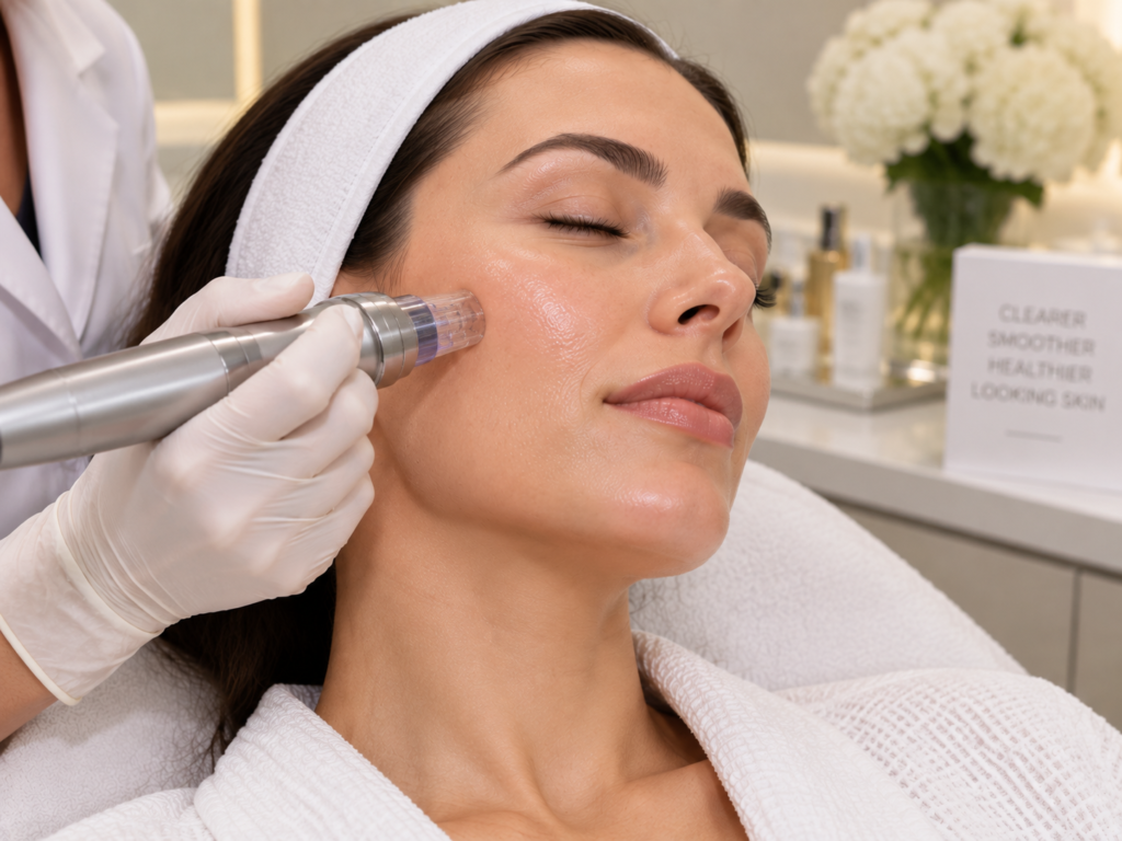 Woman receiving enlarged pores skin texture treatment at a luxury aesthetic clinic in South Kensington