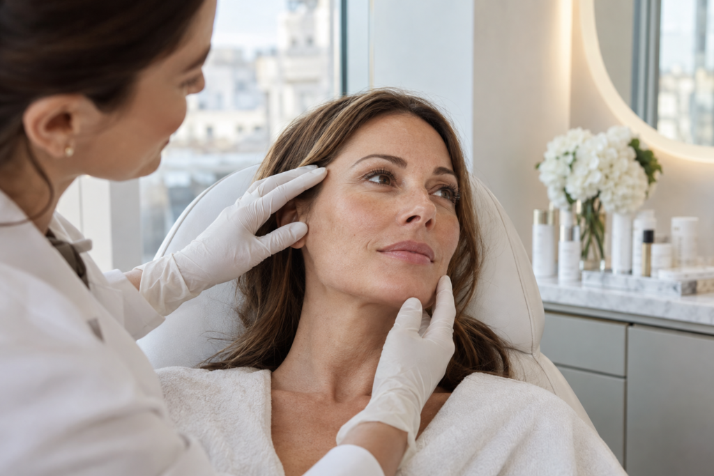 Woman receiving a fine lines and skin texture consultation to improve smoothness and firmness at a London aesthetic clinic