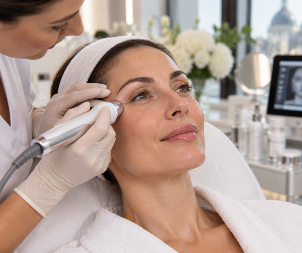 Woman receiving a fine lines treatment to improve skin texture and soften the appearance of lines around the eyes and mouth at a London aesthetic clinic