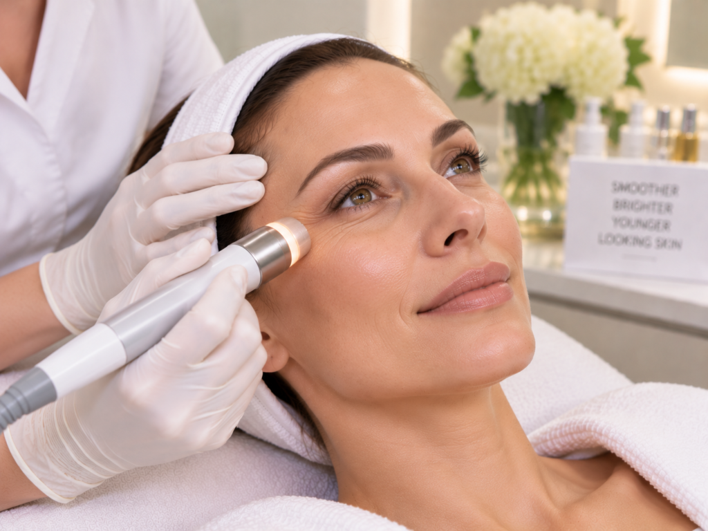 Woman receiving fine lines skin renewal treatment around the eye area at a luxury aesthetic clinic in South Kensington