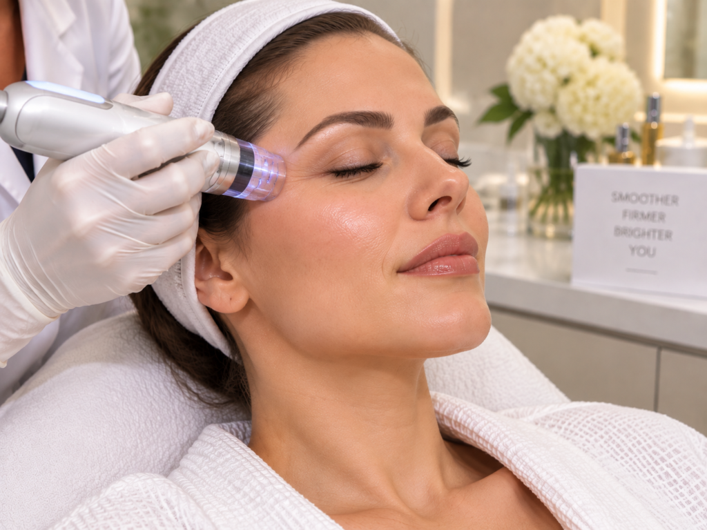 Woman receiving fine lines and skin texture rejuvenation treatment at a luxury aesthetic clinic in South Kensington