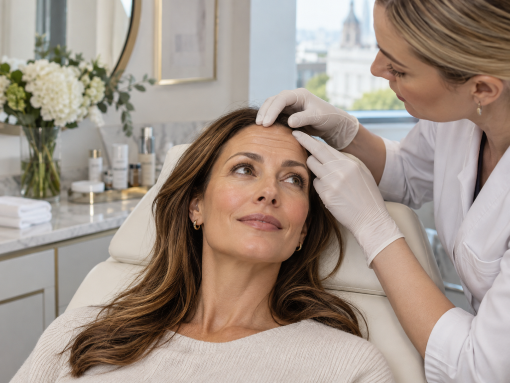 Woman receiving a forehead lines treatment to smooth horizontal forehead creases and relax the upper face at a London aesthetic clinic