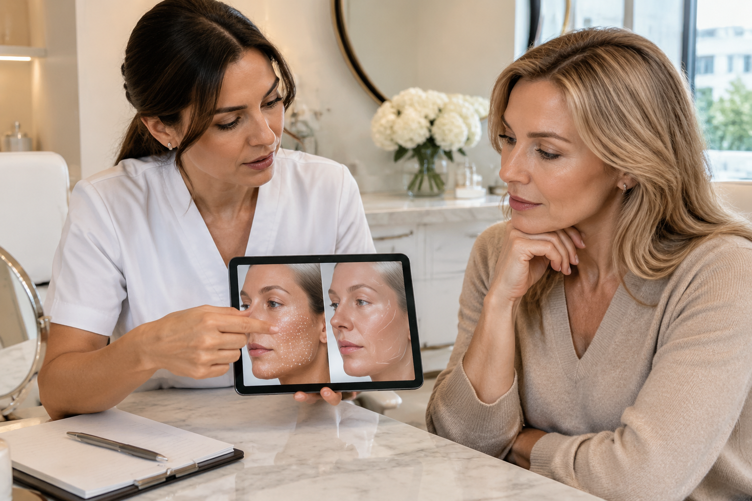 Aesthetic practitioner explaining how Profhilo works compared with dermal fillers during a London clinic consultation