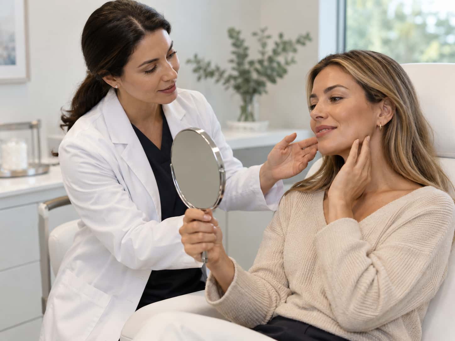 Practitioner explaining a hyaluronic acid filler treatment plan to a client using a hand mirror in a consultation room