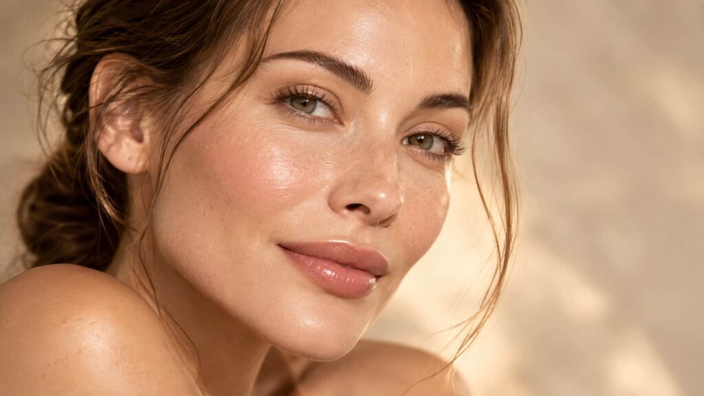 Woman with hydrated skin showing natural facial volume restoration from hyaluronic acid fillers