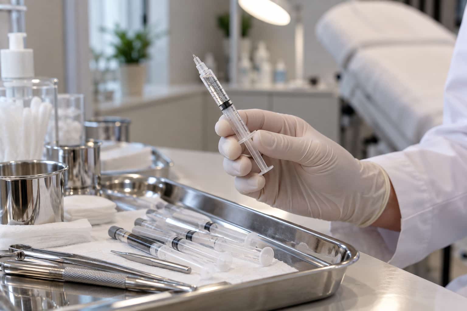 Practitioner holding a syringe of hyaluronic acid filler beside aesthetic tools in a clinic setting