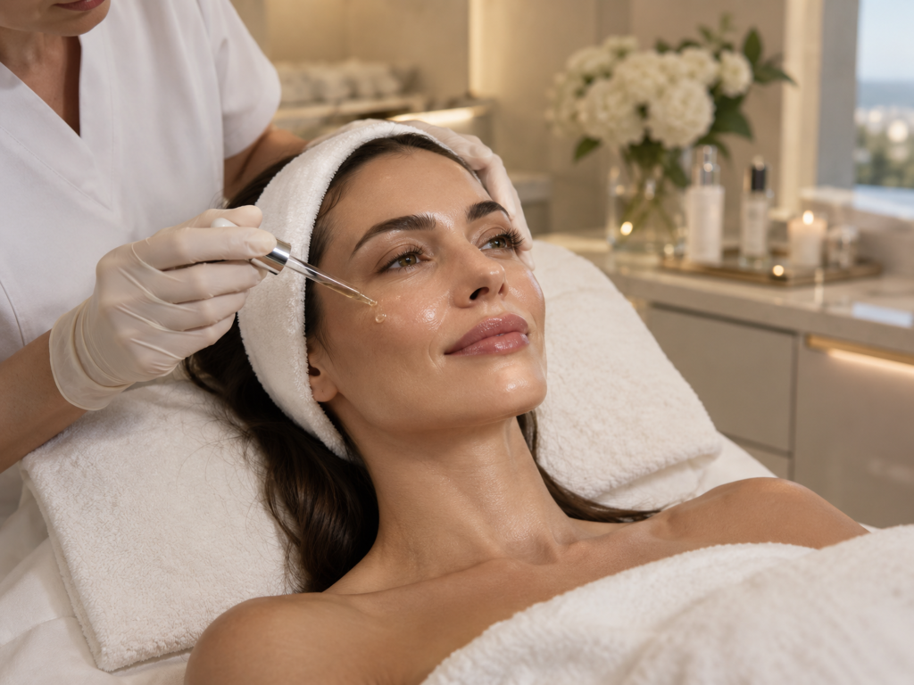 Woman receiving a hydration boost facial treatment with hydrating serums at a luxury aesthetic clinic in South Kensington