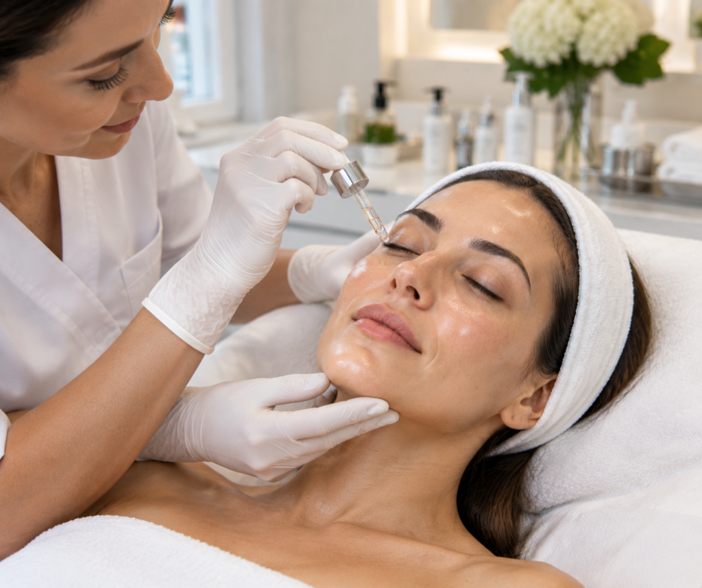 Woman receiving a hydration boost skin treatment with hydrating serum to improve moisture and skin softness at a London aesthetic clinic