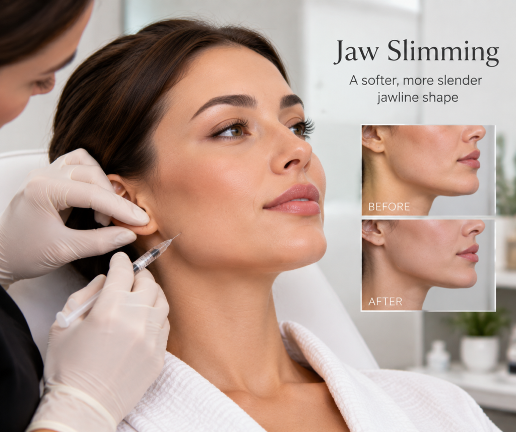 Woman receiving a jaw slimming treatment to create a softer and more slender jawline shape at a London aesthetic clinic