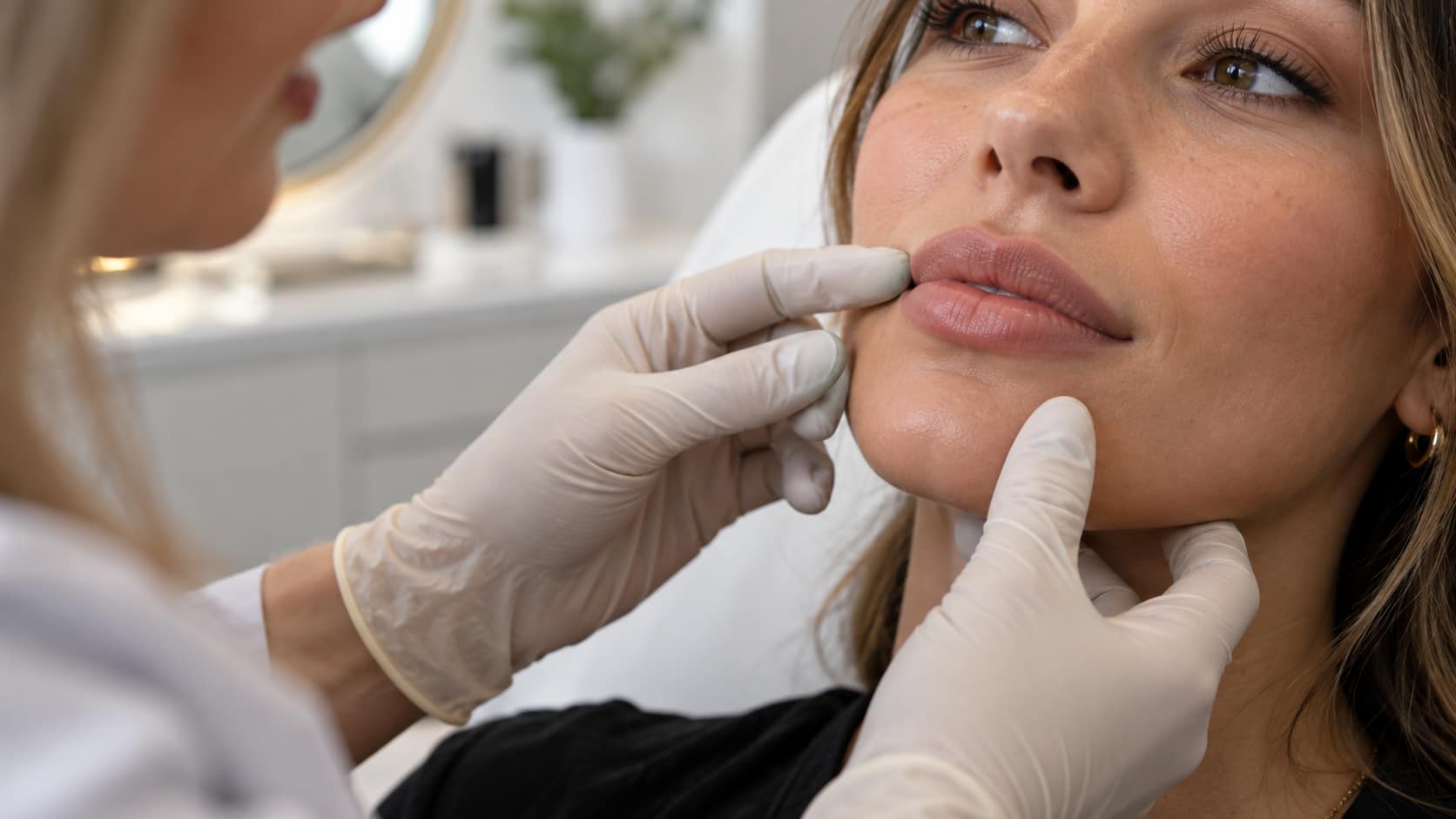 Practitioner assessing a client's lip shape during a lip filler consultation