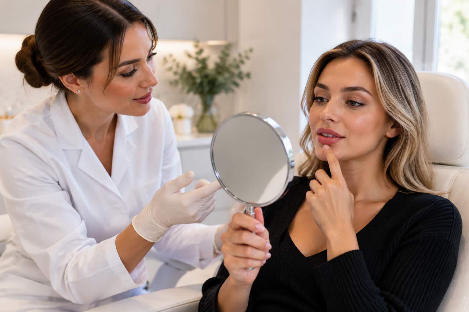 Practitioner discussing lip filler treatment goals with a client during a cosmetic consultation using a mirror