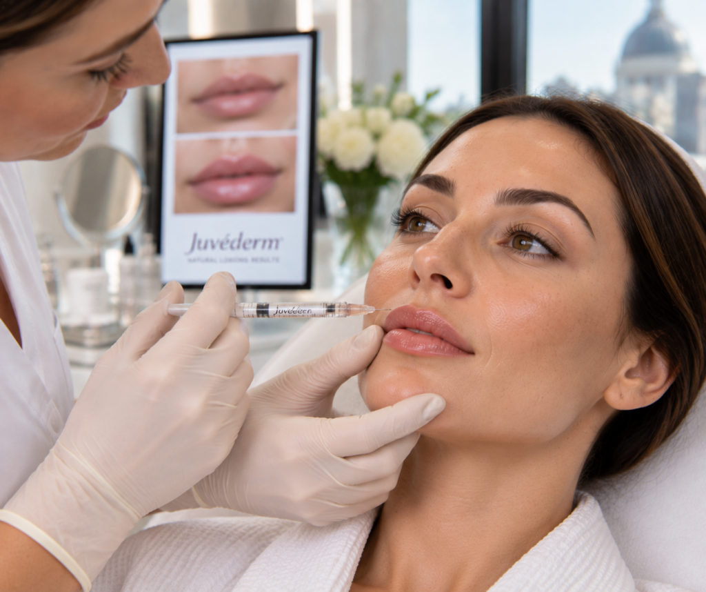 Woman receiving a lip filler consultation to enhance natural lip shape and volume at a London aesthetic clinic