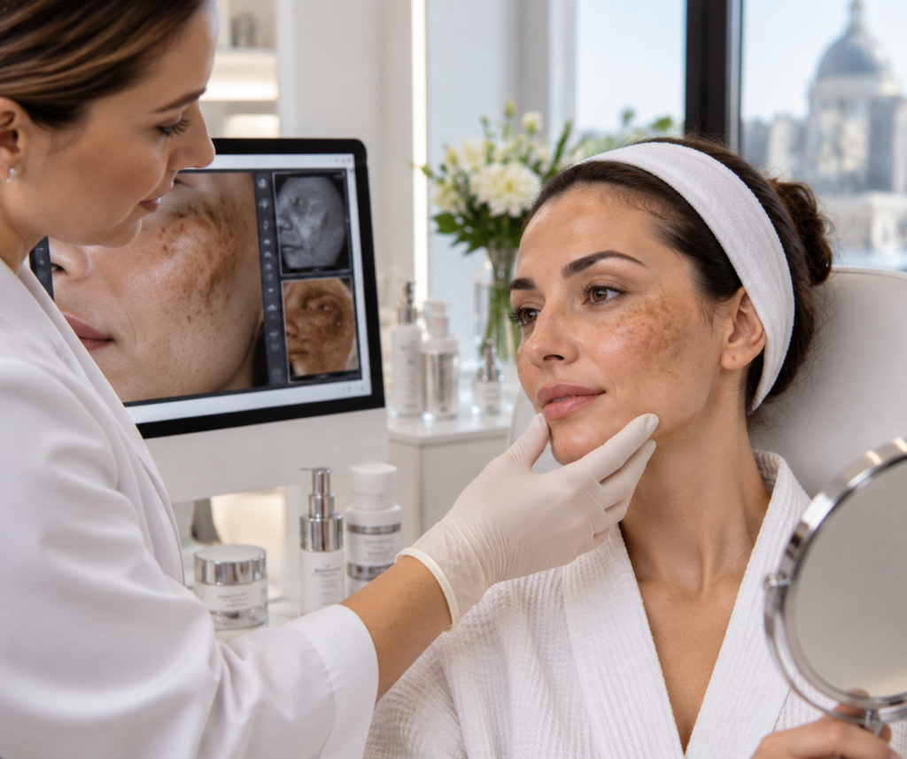 Woman receiving a pigmentation skin consultation to assess sun damage and uneven skin tone at a London aesthetic clinic