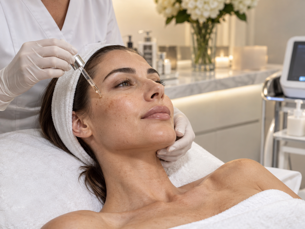 Woman receiving pigmentation and sun damage treatment at a luxury aesthetic clinic in South Kensington