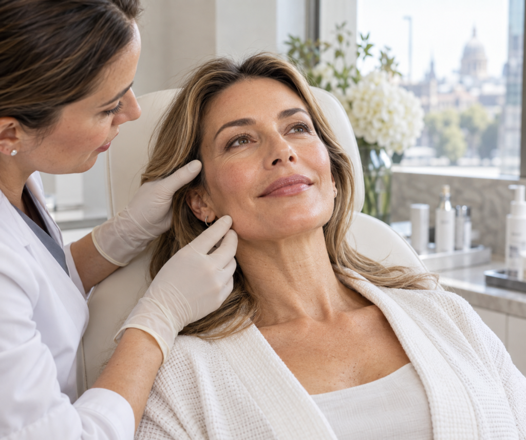 Woman receiving a Plinest polynucleotide skin rejuvenation consultation to improve skin texture, elasticity and quality at a London aesthetic clinic