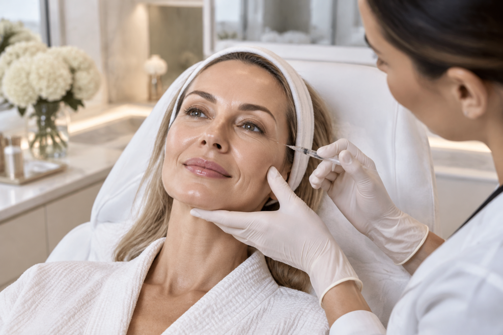 Woman receiving a Plinest polynucleotide skin rejuvenation treatment to improve skin quality and elasticity at a London aesthetic clinic