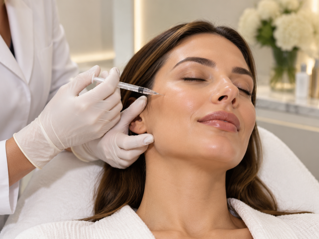 Woman receiving Plinest Polynucleotides skin rejuvenation treatment at a luxury aesthetic clinic in South Kensington