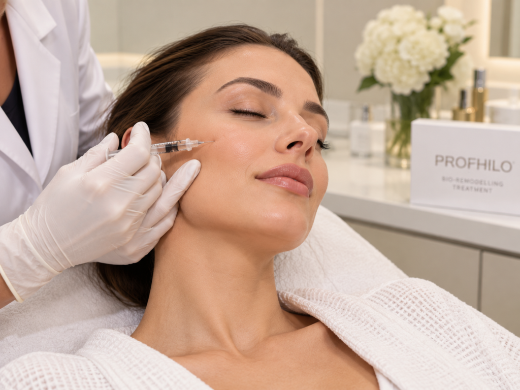Woman receiving Profhilo bio-remodelling treatment at a luxury aesthetic clinic in South Kensington