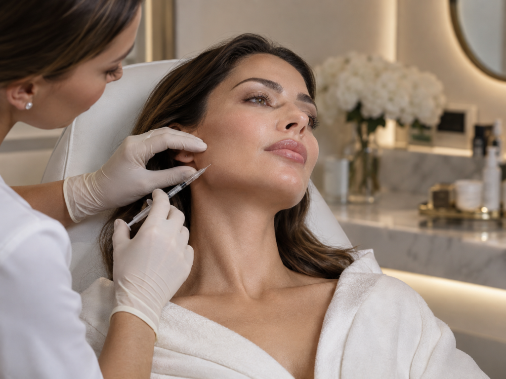Woman receiving Profhilo Structura treatment for jawline and cheek support at a luxury aesthetic clinic in South Kensington