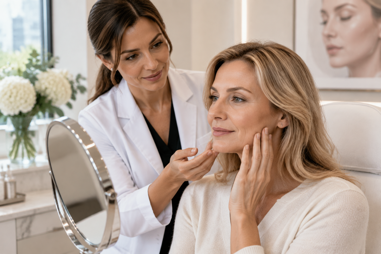 Patient discussing whether Profhilo or dermal fillers are suitable during a London aesthetic clinic consultation