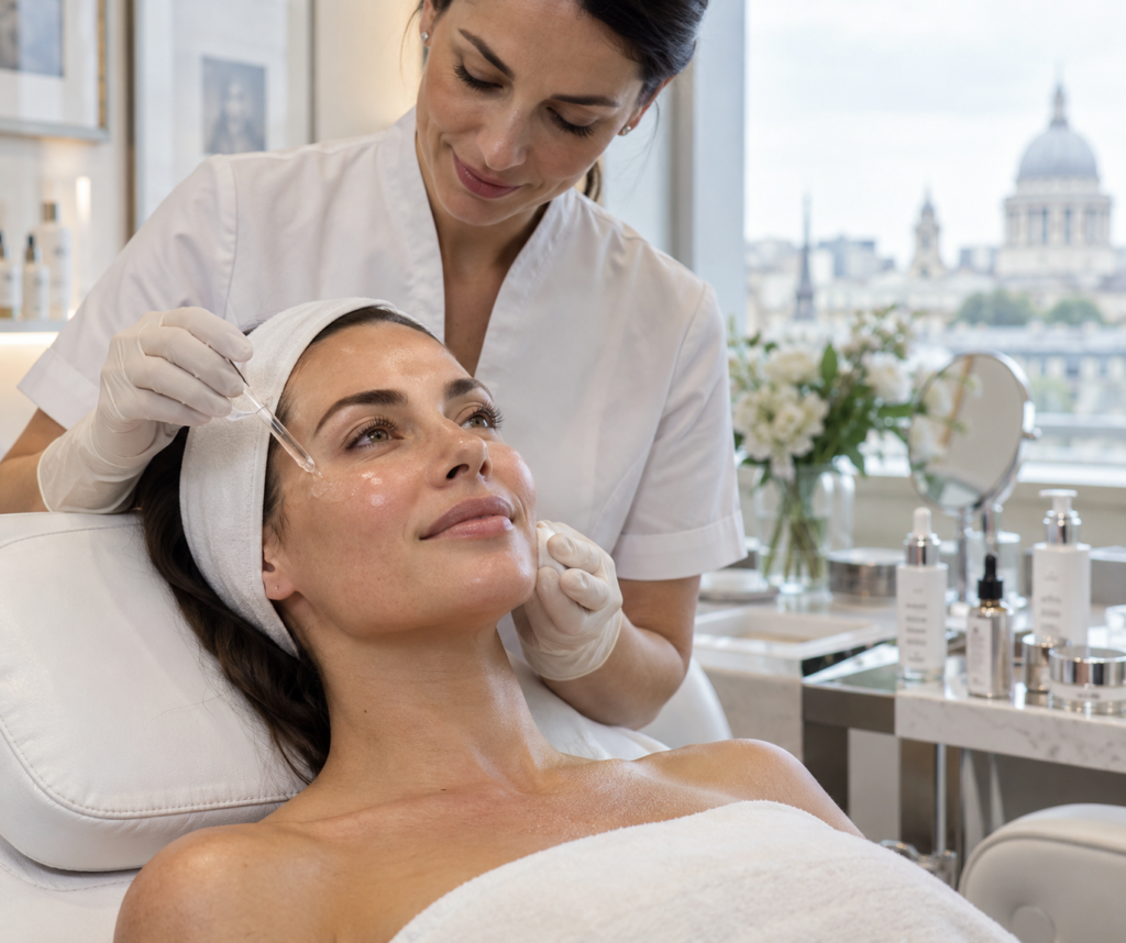 Woman receiving a skin renewal treatment to improve skin smoothness, freshness and even complexion at a London aesthetic clinic
