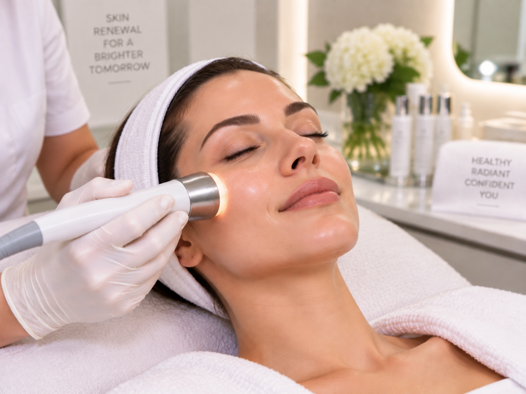 Woman receiving skin renewal treatment for smoother and fresher skin at a luxury aesthetic clinic in South Kensington
