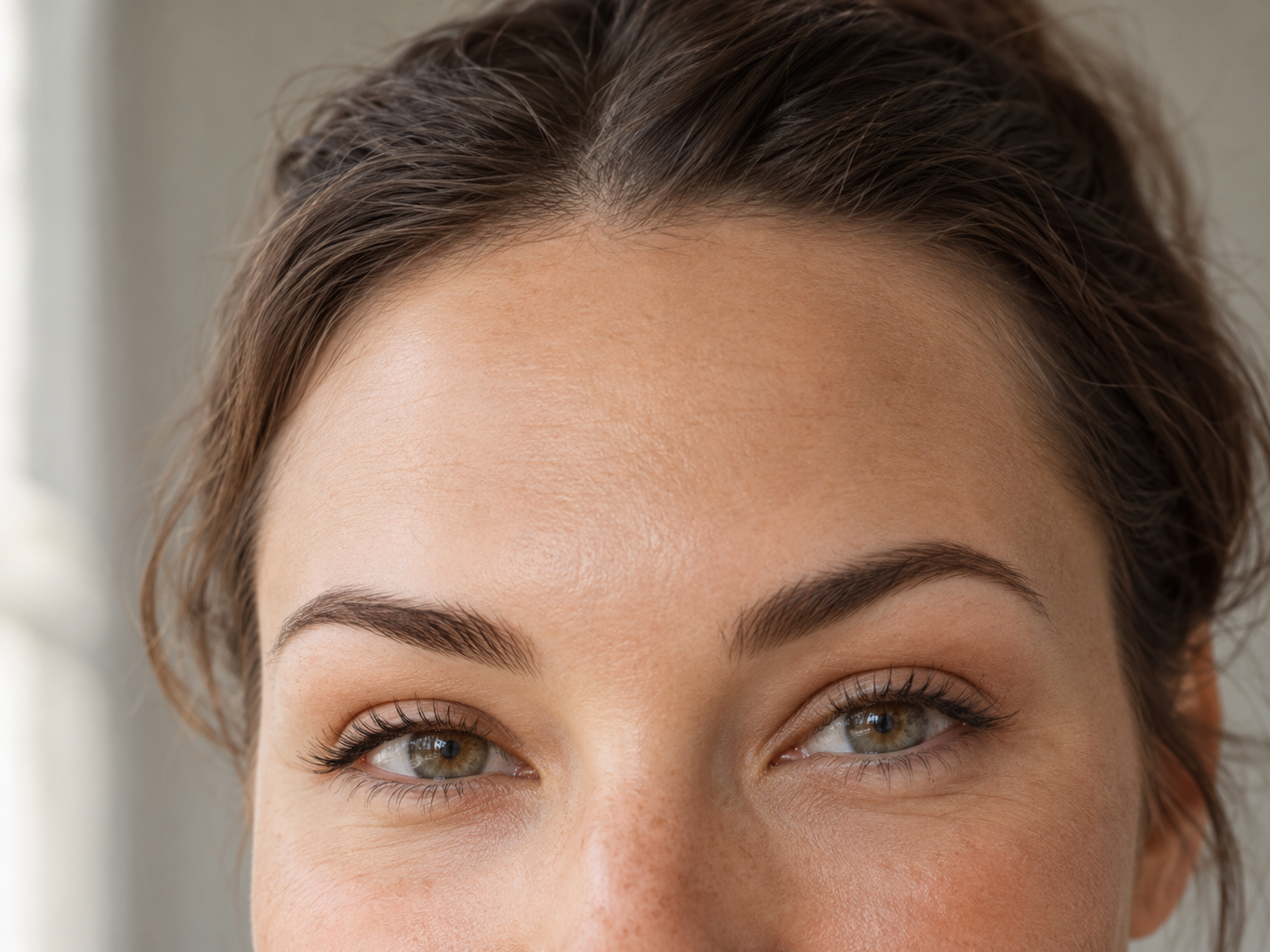 Close-up of a woman’s upper face with a smooth relaxed forehead and natural expression