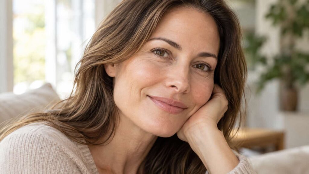 Woman showing natural results after anti-wrinkle injections with a relaxed forehead and soft smile