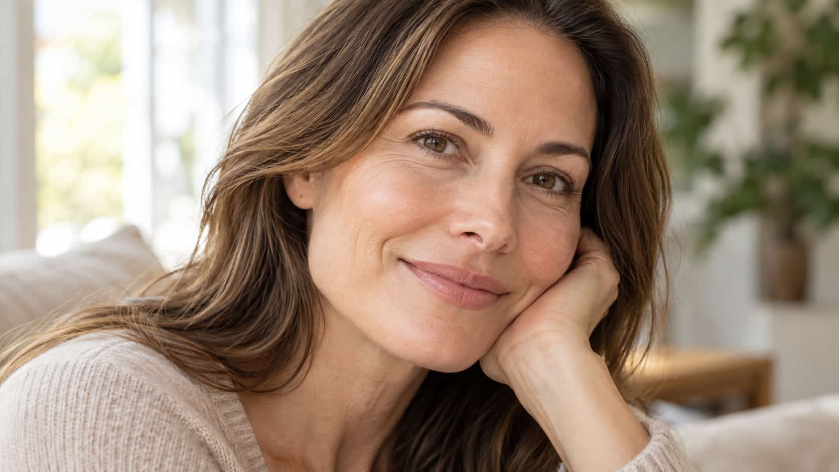 Woman showing natural results after anti-wrinkle injections with a relaxed forehead and soft smile